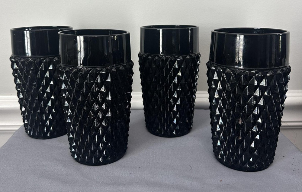 Vintage Tiara Indiana Black Glass Diamond Point Tumblers Set of 4 Kitchen